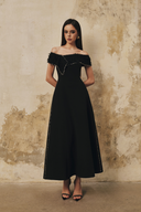 L' SCARLETT • Crystal Draped Off-Shoulder Flared Midi Dress