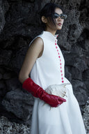 Ivory Boxy Cotton Blend Shirt with Red Button Accents & Cut-Out Detail for women, from CAOSTU, The Viet Concept