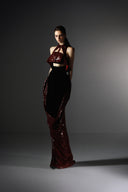 Nectar Burgundy Sequin Velvet Cut-Out Floor-Length Gown for women, from SORAMAME, The Viet Concept