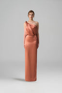 Orange Satin Silk One-Shoulder Twisted Bustier Gown for women, from IHF ATELIER, The Viet Concept
