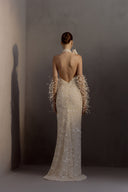 HA THANH VIET • Crystal Embellished Sequin Knit Chiffon-Inspired Evening Dress