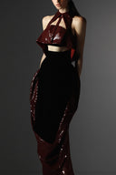 Nectar Burgundy Sequin Velvet Cut-Out Floor-Length Gown for women, from SORAMAME, The Viet Concept