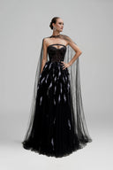 Yunara Noir Feather-Embellished Corset Tulle Gown for women, from JOSEPHINE, The Viet Concept 