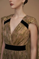 IHF ATELIER • Green Tie-Dye Gold Chiffon V-Neck A-Line Gown With Ruffle Train