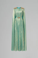 Light Green Metallic Silk Column Gown With Floor-Length Cape Sleeves for women, from IHF ATELIER, The Viet Concept