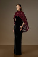 IHF ATELIER • Black Velvet V-Neck Column Gown with Floral Lace Mullet Cape