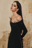 L' SCARLETT • Flared Off-Shoulder Crystal Heart-Beaded Midi Dress