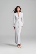 KEIRA TONG • Folded Buttons Pleated Long-Sleeve Pencil Maxi Dress