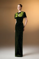 IHF ATELIER • Emerald Stone Bow Velvet Column Evening Gown with Mini Cape