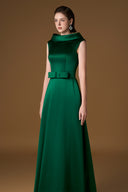 Emerald Green Silk A-Line Gown With Deconstructed Collar Bow Belt for women, from IHF ATELIER, The Viet Concept