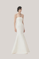 White Tram Trumpet Straight Across Neck Taffeta Maxi Dress for women, from TINH, The Viet Concept