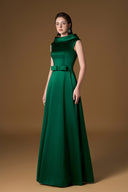 Emerald Green Silk A-Line Gown With Deconstructed Collar Bow Belt for women, from IHF ATELIER, The Viet Concept