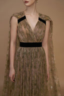 IHF ATELIER • Green Tie-Dye Gold Chiffon V-Neck A-Line Gown With Ruffle Train