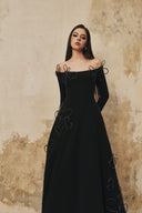 L' SCARLETT • Flared Off-Shoulder Crystal Heart-Beaded Midi Dress