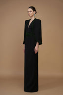 Black V-Neck Crystal Embellished Column Gown with Cape Sleeves for women, from IHF STUDIO, The Viet Concept 