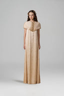 Beige Metallic Striped Chiffon Column Gown with Crystal Mini Cape for women, from IHF ATELIER, The Viet Concept