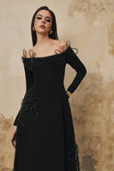 L' SCARLETT • Flared Off-Shoulder Crystal Heart-Beaded Midi Dress