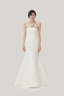 White Tram Trumpet Straight Across Neck Taffeta Maxi Dress for women, from TINH, The Viet Concept