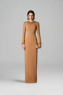 Round Neck Column Gown With Gold Crystals & Stones In Brown Crepe for women, from IHF ATELIER, The Viet Concept 