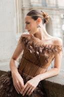 Veilyn Mocha Off-Shoulder Feather Tulle Gown for women, from JOSEPHINE, The Viet Concept 