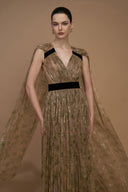 IHF ATELIER • Green Tie-Dye Gold Chiffon V-Neck A-Line Gown With Ruffle Train