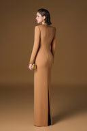 Round Neck Column Gown With Gold Crystals & Stones In Brown Crepe for women, from IHF ATELIER, The Viet Concept 