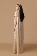 Beige Metallic Striped Chiffon Column Gown with Crystal Mini Cape for women, from IHF ATELIER, The Viet Concept