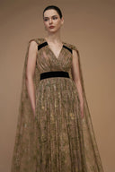 IHF ATELIER • Green Tie-Dye Gold Chiffon V-Neck A-Line Gown With Ruffle Train