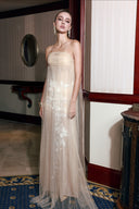THÉSONG • Champagne Embellished Sheer Column Evening Gown