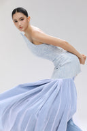 Azure Asymmetrical Lace Denim Ruffle Maxi Dress for women, from SORAMAME, The Viet Concept