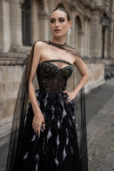 Yunara Noir Feather-Embellished Corset Tulle Gown for women, from JOSEPHINE, The Viet Concept 