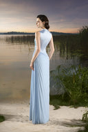 TRACY COUTURE • High Neck Floral Embellished Diagonal Pleated Gown
