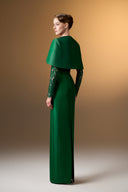IHF ATELIER • Crimson Bamboo Taffeta & French Lace Column Evening Gown with Mini Cape