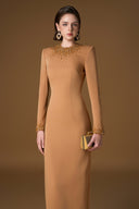 Round Neck Column Gown With Gold Crystals & Stones In Brown Crepe for women, from IHF ATELIER, The Viet Concept 