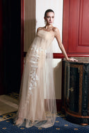 THÉSONG • Champagne Embellished Sheer Column Evening Gown
