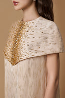 Beige Metallic Striped Chiffon Column Gown with Crystal Mini Cape for women, from IHF ATELIER, The Viet Concept