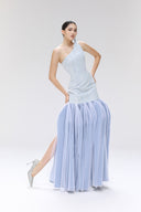 Azure Asymmetrical Lace Denim Ruffle Maxi Dress for women, from SORAMAME, The Viet Concept