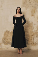 L' SCARLETT • Flared Off-Shoulder Crystal Heart-Beaded Midi Dress