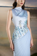 TRACY COUTURE • High Neck Floral Embellished Diagonal Pleated Gown