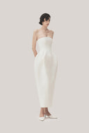 White Ly Pegged Straight Across Neck Taffeta Midi Dress for women, from TINH, The Viet Concept 