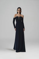L' SCARLETT • Off-Shoulder Crystal Embellished Poly Crepe Maxi Dress
