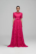 Pink Lace Short Sleeve A-Line Gown with Crystal Embroidered Neckline for women, from IHF STUDIO, The Viet Concept