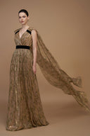 IHF ATELIER • Green Tie-Dye Gold Chiffon V-Neck A-Line Gown With Ruffle Train
