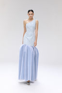 Azure Asymmetrical Lace Denim Ruffle Maxi Dress for women, from SORAMAME, The Viet Concept