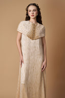 Beige Metallic Striped Chiffon Column Gown with Crystal Mini Cape for women, from IHF ATELIER, The Viet Concept