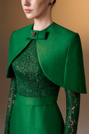 IHF ATELIER • Crimson Bamboo Taffeta & French Lace Column Evening Gown with Mini Cape