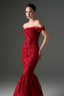 IHF STUDIO • Scarlet Floral Garden Lace Off-Shoulder Mermaid Gown