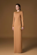 Round Neck Column Gown With Gold Crystals & Stones In Brown Crepe for women, from IHF ATELIER, The Viet Concept 