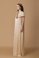 Beige Metallic Striped Chiffon Column Gown with Crystal Mini Cape for women, from IHF ATELIER, The Viet Concept