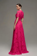 Pink Lace Short Sleeve A-Line Gown with Crystal Embroidered Neckline for women, from IHF STUDIO, The Viet Concept